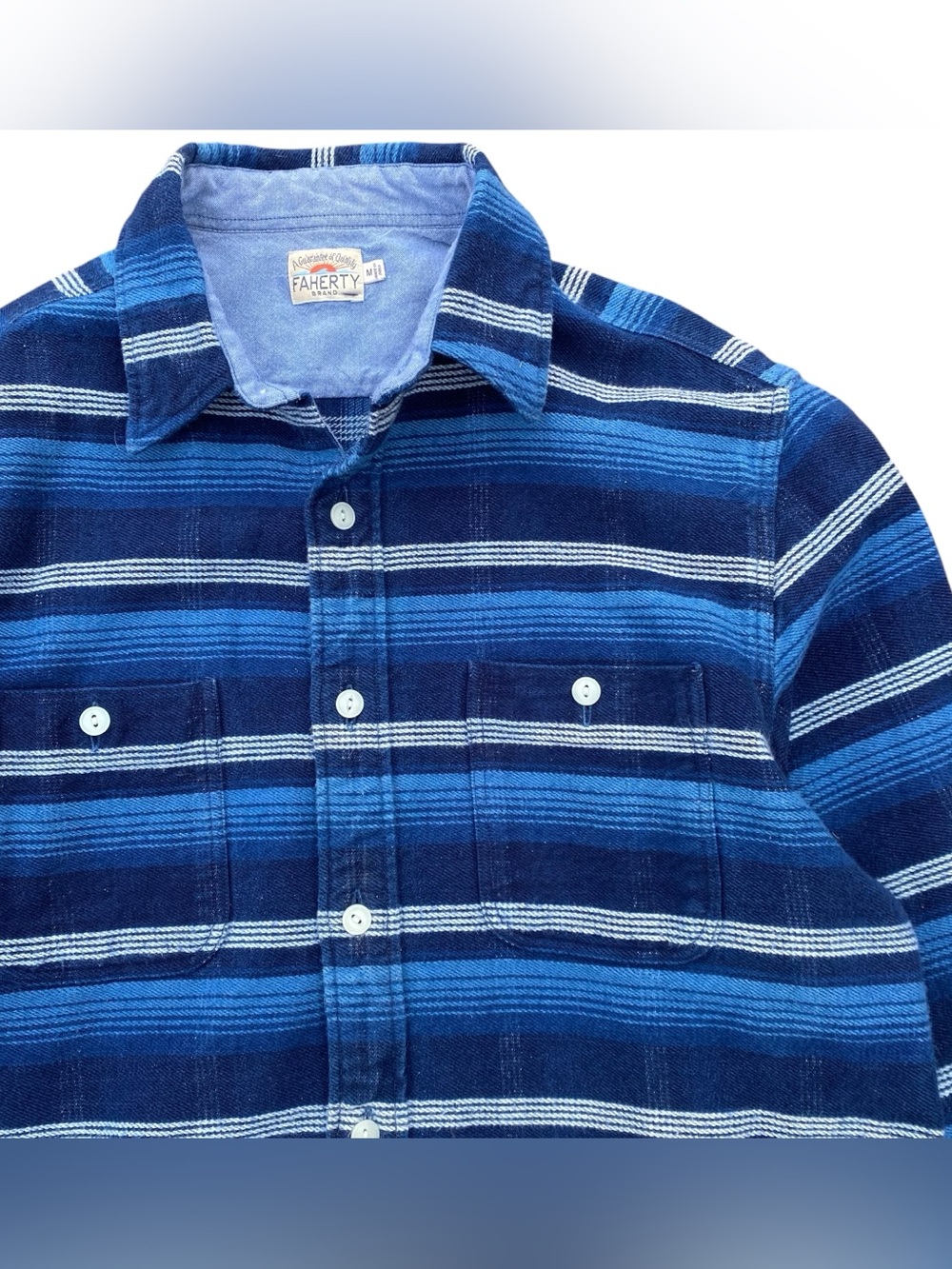 Faherty Button Up Surf Shirt Blue Stripe Heavyweight Blanket Knit Mens Medium